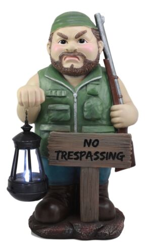 Grumpy Hunter With Shotgun And No Trespassing Sign Statue With Solar LED Light