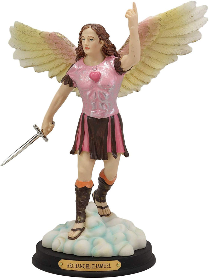 Catholic Church Colorful Archangel Chamuel With Red Heart And Sword Statue 10"H