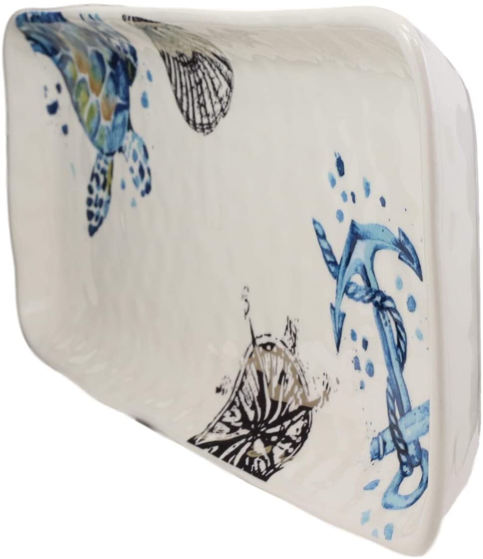 Ebros Blue & White Sea Turtle Ceramic Dinnerware (Rectangular Plate 13.75"L, 1)