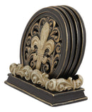 Ebros Rustic Western Tuscany Fleur De Lis Crown Carved Scroll Art Coaster Holder with 4 Round Coasters Set in Faded Bronze Finish Home and Kitchen Dining Decorative Figurine Southwestern Creole Decor