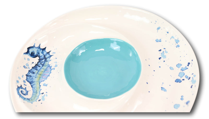 Nautical Blue White Seahorse Ceramic Chips Salsa Family Serving Platter Plate