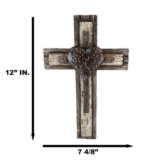 Rustic Western Tooled Metal Heart Faux Wooden Layered Wall Cross Decor Plaque