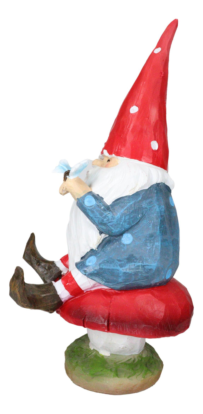 Camper Gnome Sitting On Toadstool Mushroom with A Bluebird Fairy Garden Figurine