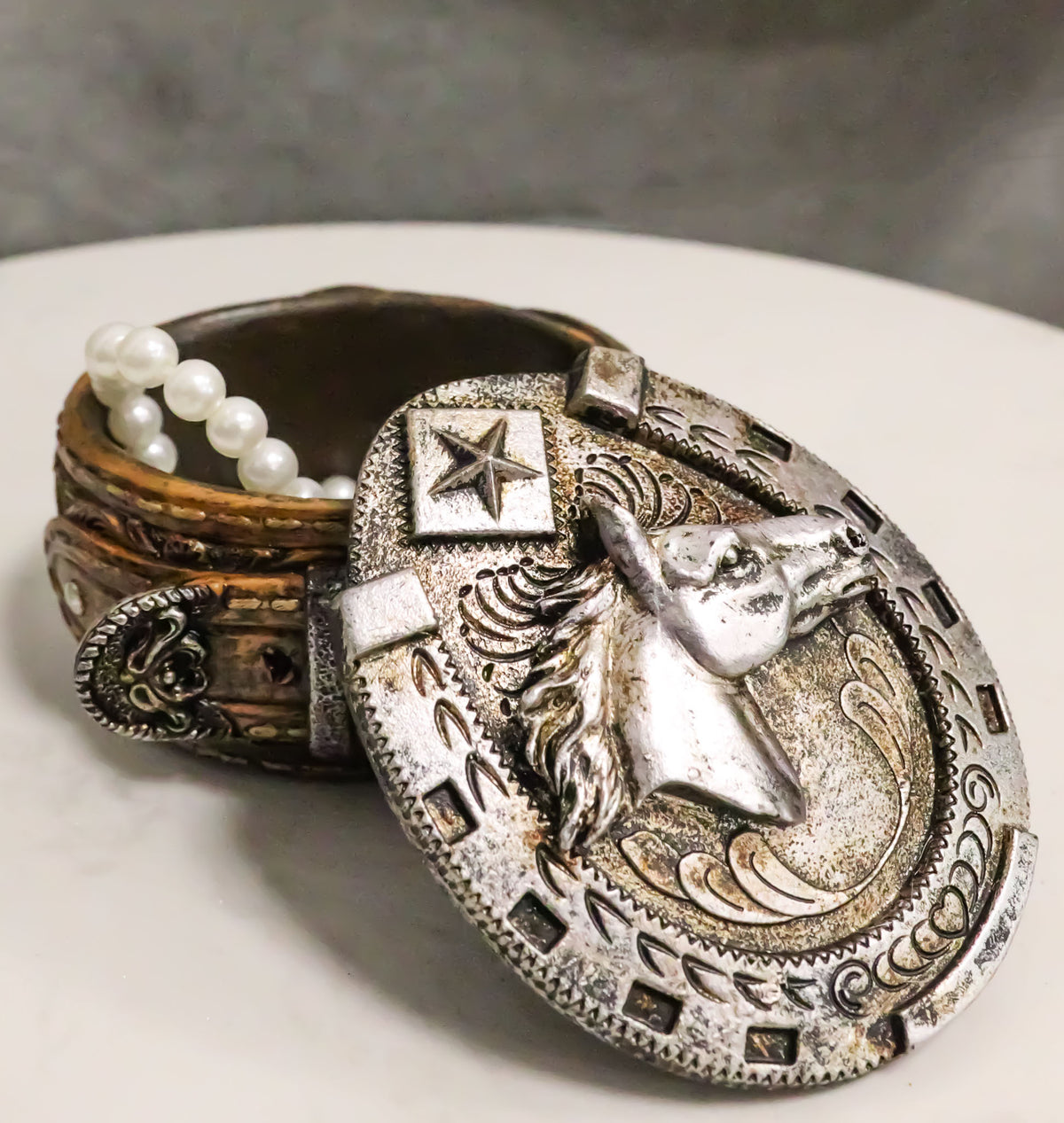 Rustic Western Horseshoe With Horse Scrollwork Concho Buckle Jewelry Trinket Box - Ebros Gift