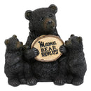 Whimsical Black Bears Mother With Cubs Holding Mama Bear Knows Best Sign Statue