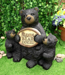 Large Rustic Forest Black Bear With 2 Cubs Holding Mama Knows Best Sign Statue
