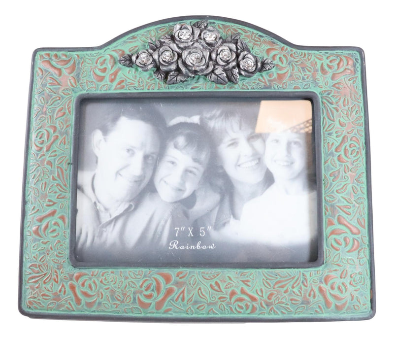 Western Silver Roses Turquoise Faux Tooled Leather Picture Photo Frame 5"X7"
