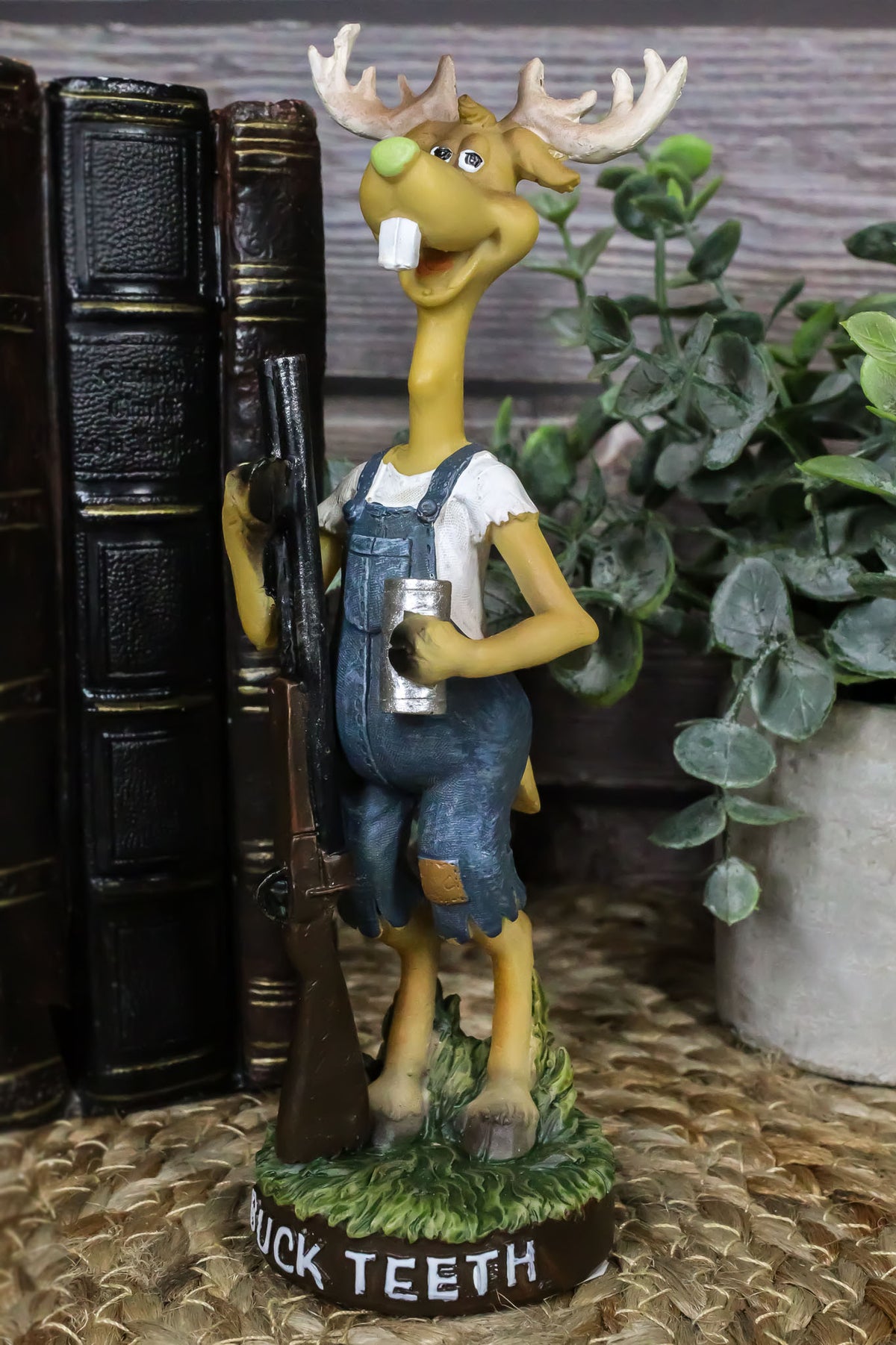 Hunting Hillbilly Buck Teeth Deer with Shotgun Rifle and Moonshine Cup Figurine - Ebros Gift