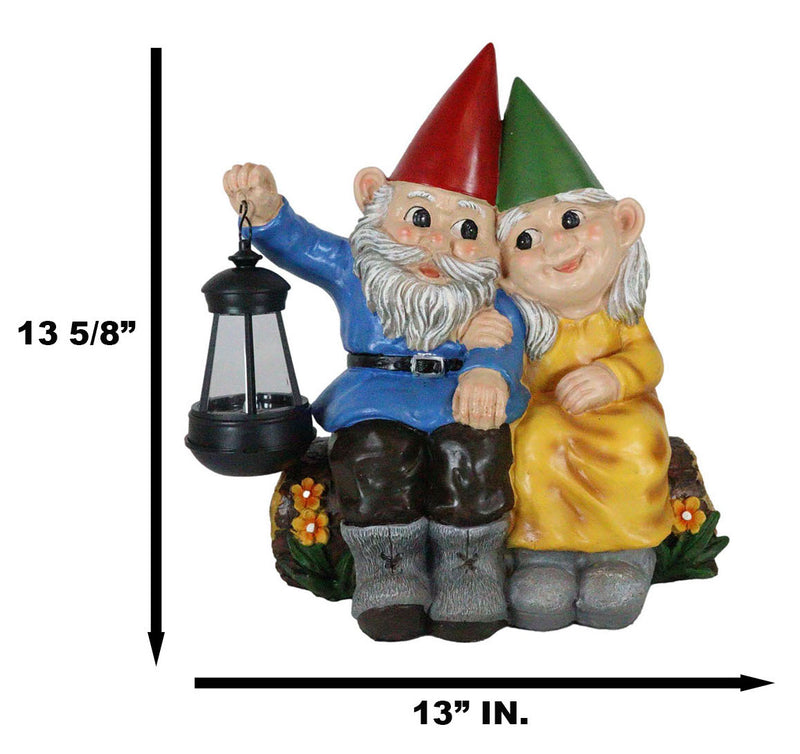 Ebros Large Mr and Mrs Gnome On Tree Log Solar LED Lantern Light Statue 13.5"H