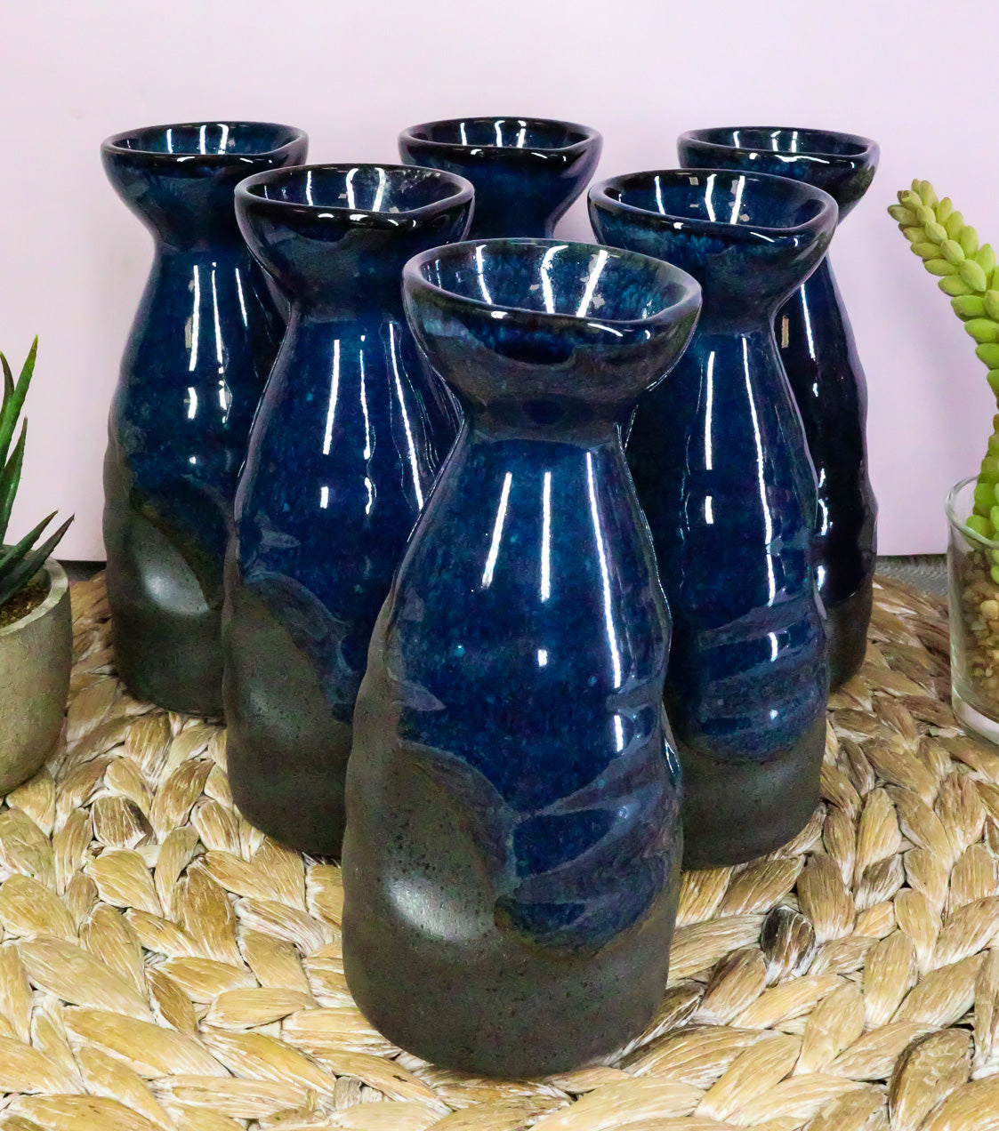 Glazed Ceramic Blue And Black Japanese Wine Sake Tokkuri Flask Pack of 6 Flasks