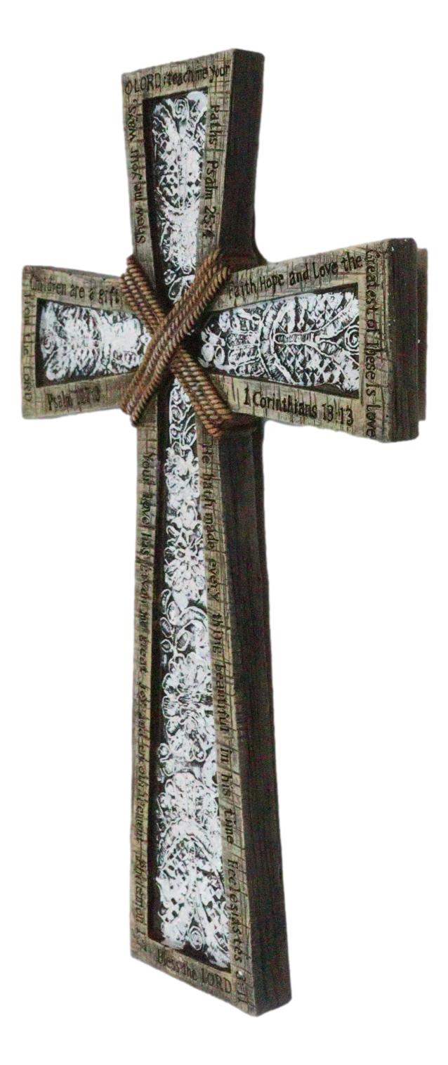 Rustic Holy Bible Scriptures Ornate White Lace Stencil Antiqued Wall Cross