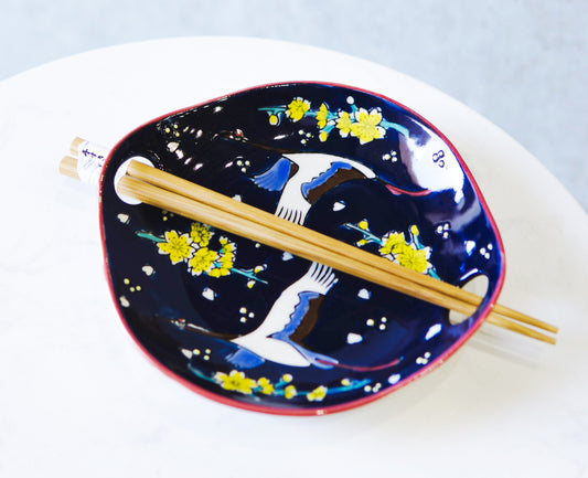 White Crane In Blue Sky Small Appetizer Coupe Plate Flat Bowl W/ Chopsticks Set - Ebros Gift