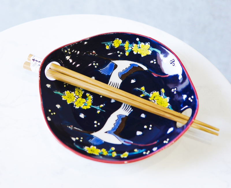 White Crane In Blue Sky Small Appetizer Coupe Plate Flat Bowl W/ Chopsticks Set