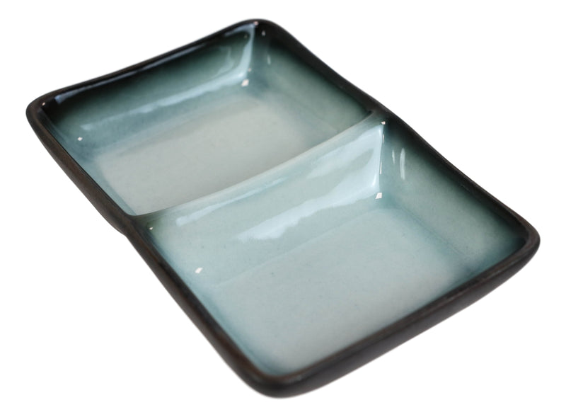 Pack Of 6 Ceramic Zen Blue Soy Sauce Or Condiment Dishes With 2 Compartments