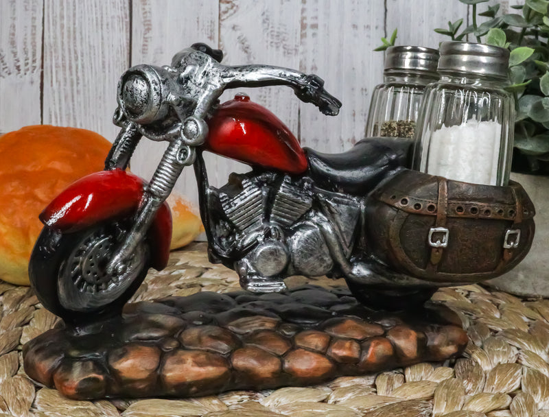 Old Retro Red Chopper Motorcycle Bike Glass Salt Pepper Shakers Holder7.5"L