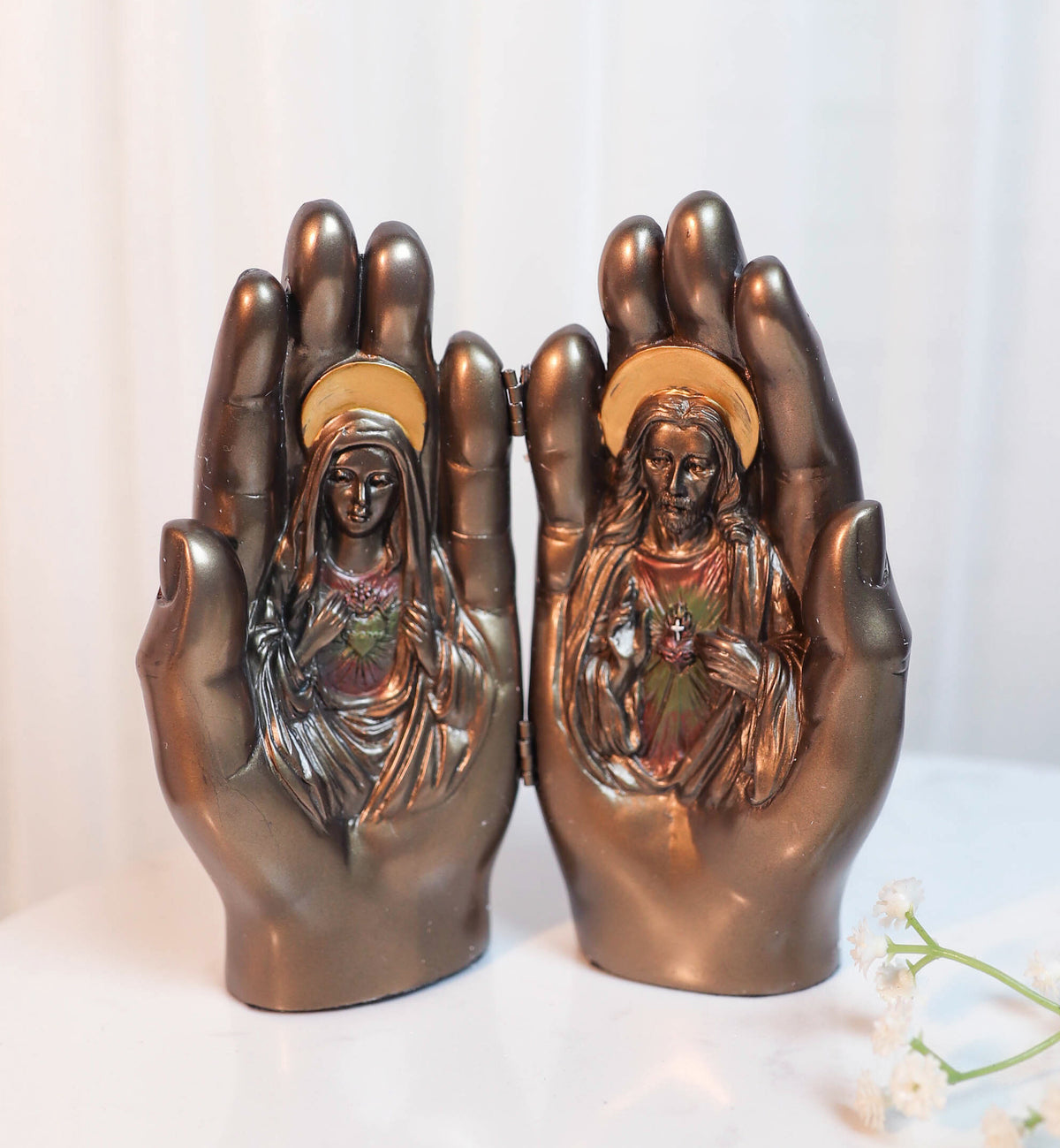 Sacred Hearts Prayer Hands Diptych Jesus and Mary Figurine 6.75 Inch Statue