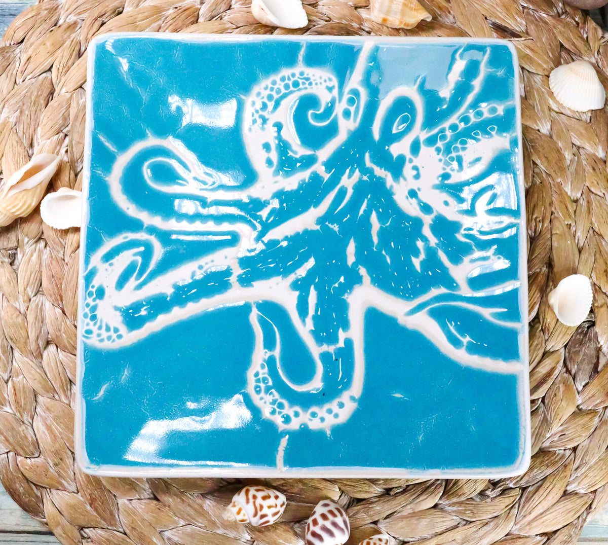 Ebros Nautical Sea Giant Octopus Blue Salad Dessert Plate Set of 2 Square 8.5"