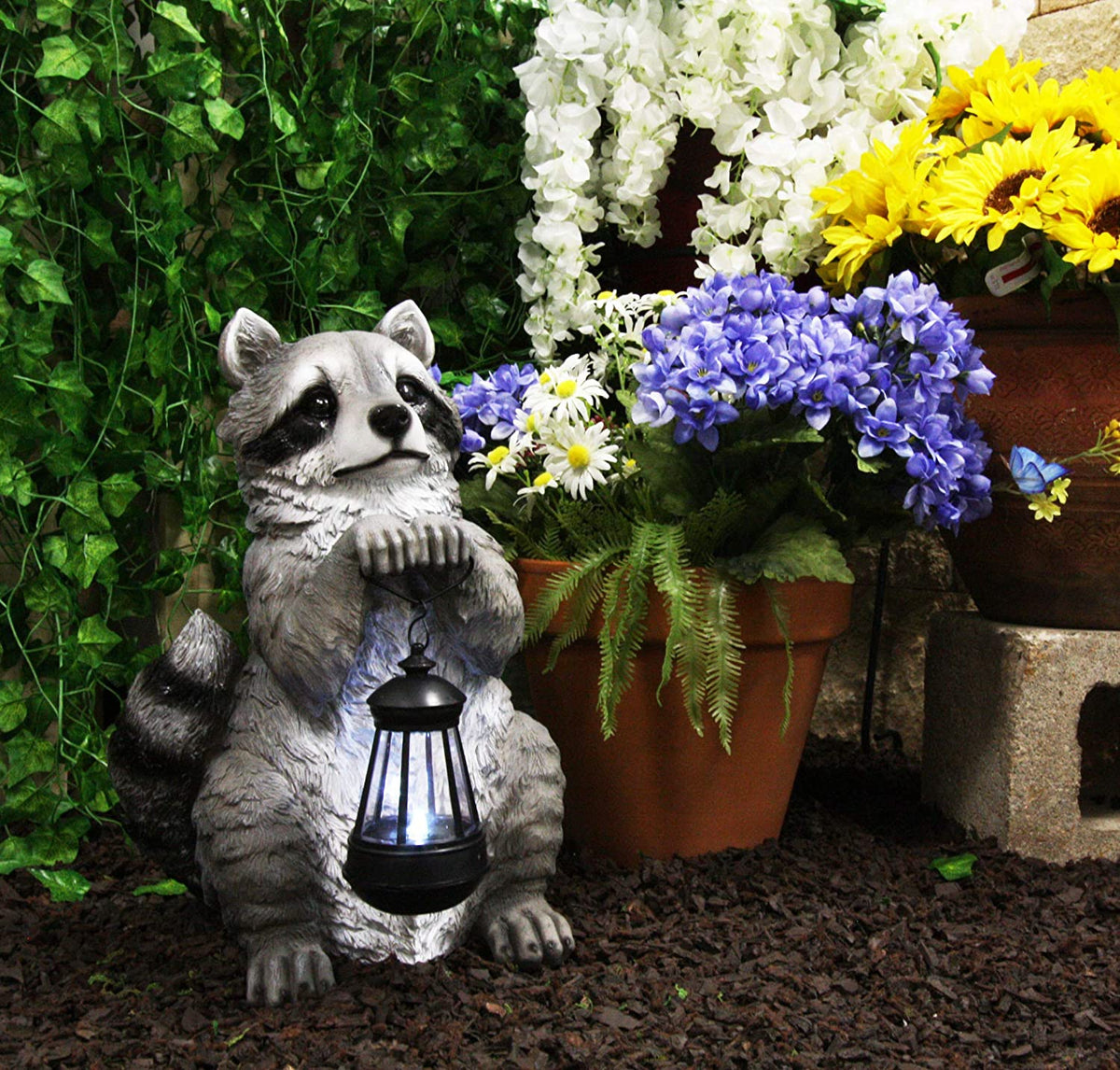 Ebros Night Bandit American Raccoon Statue Holding Solar Lantern LED Light 15"H - Ebros Gift