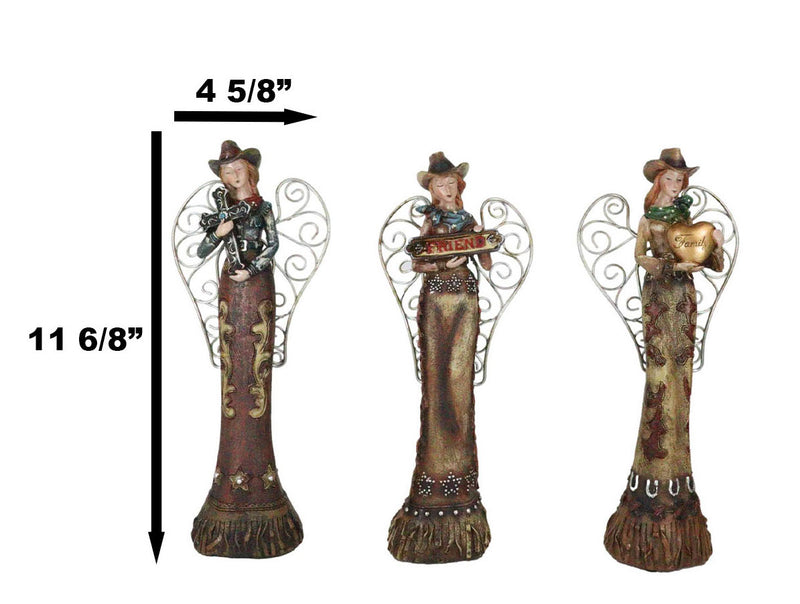 Set Of 3 Western Cowgirl Angels With Family Heart Cross Friend Sign Figurines