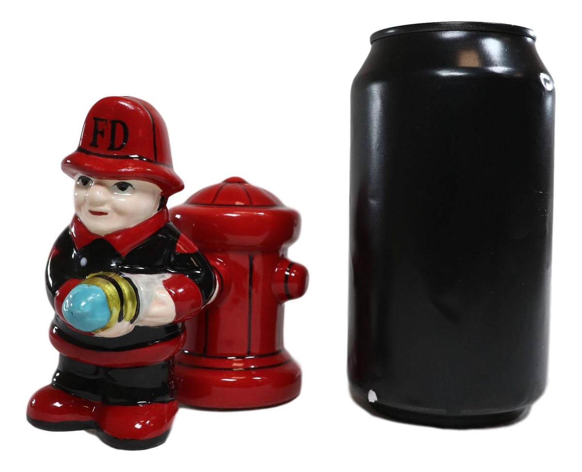 Ebros Fireman Fighter W/ Hose By Red Fire Hydrant Ceramic Salt & Pepper Shakers - Ebros Gift