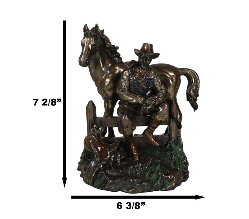 Rustic Western Desert Tranquility Cowboy Sitting By Fence And Horse Figurine