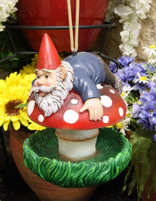 Ebros Naughty Gnome Stuck On Toadstool Mushroom Cap Bird Feeder Branch Hanger - Ebros Gift