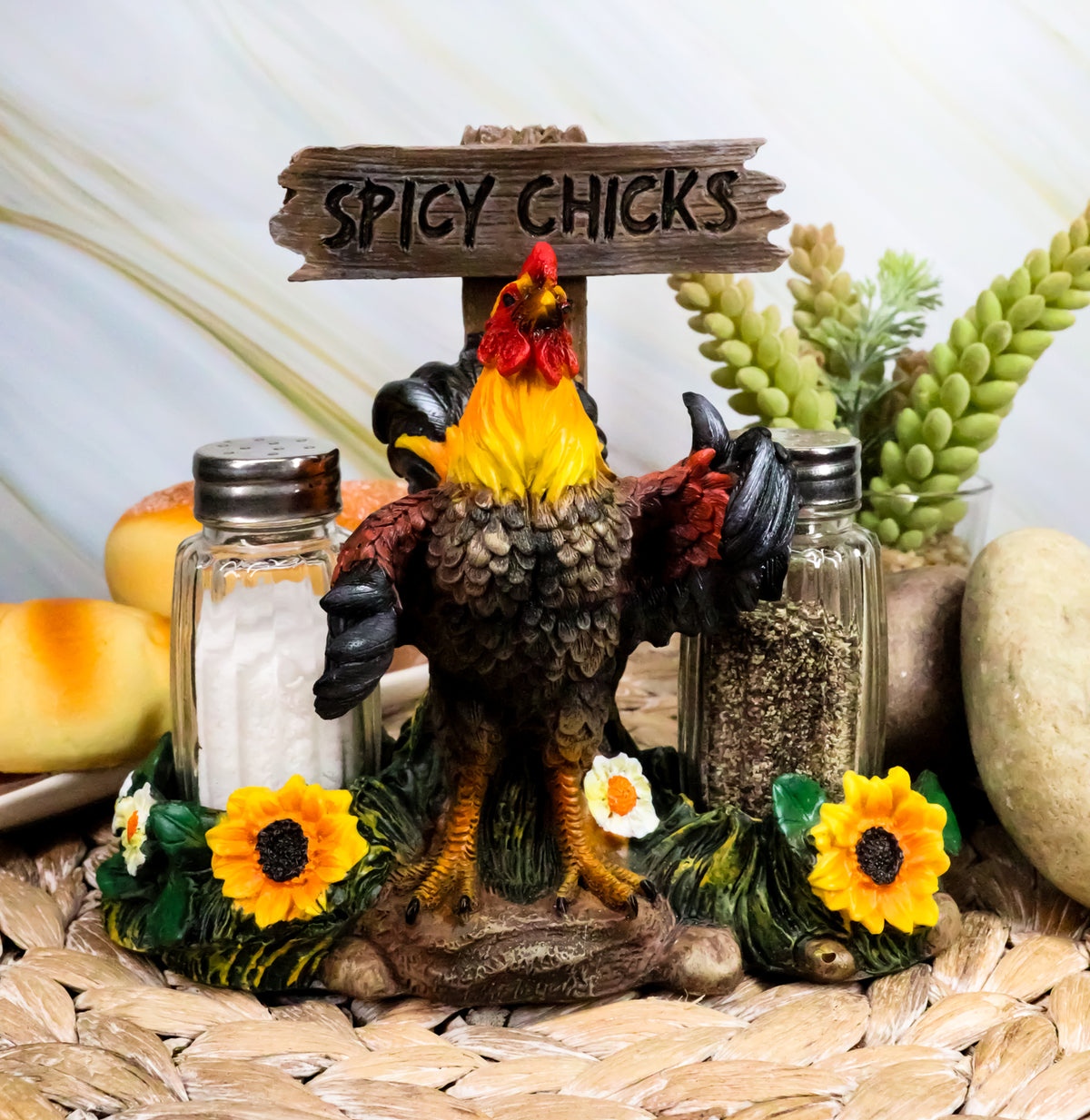 Ebros Gift Hot & Spicy Chicks Sign Rooster Glass Salt Pepper Shakers Holder