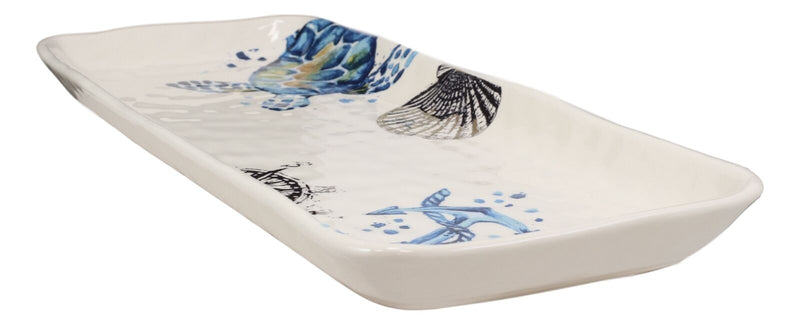Marine Sea Turtle Compass Anchor & Shell Ceramic Serving Platter Trays Set Of 2
