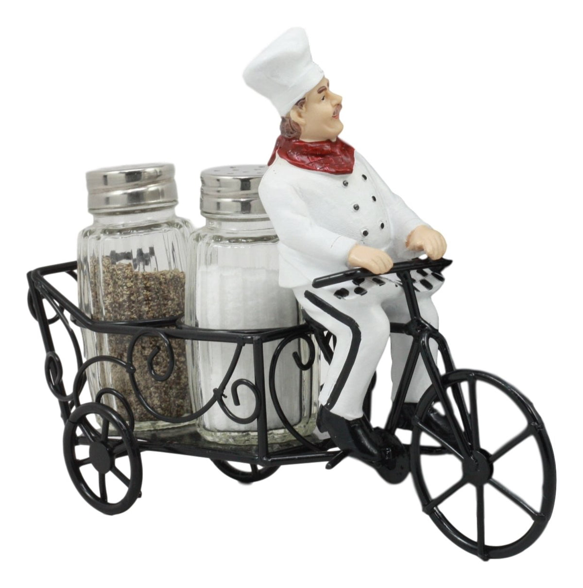Ebros French Bistro Chef Riding On Bicycle Spice Cart Salt And Pepper Shakers Holder Figurine 6"Tall Iron Chef Spice Delivery - Ebros Gift
