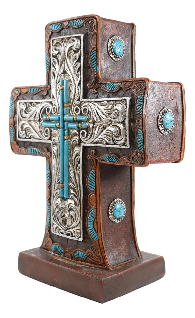 Rustic Western Silver Floral Scrollwork And Blue Turquoise Standing Cross Plaque