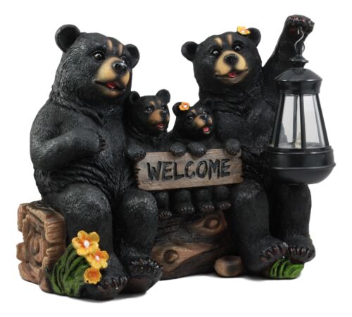 Ebros Beacon Of Happiness Black Bear Family Welcome Sign Statue Solar LED Light