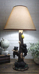 Rustic Forest Climbing 3 Black Bear Cubs On Tree Getting Beehive Table Lamp