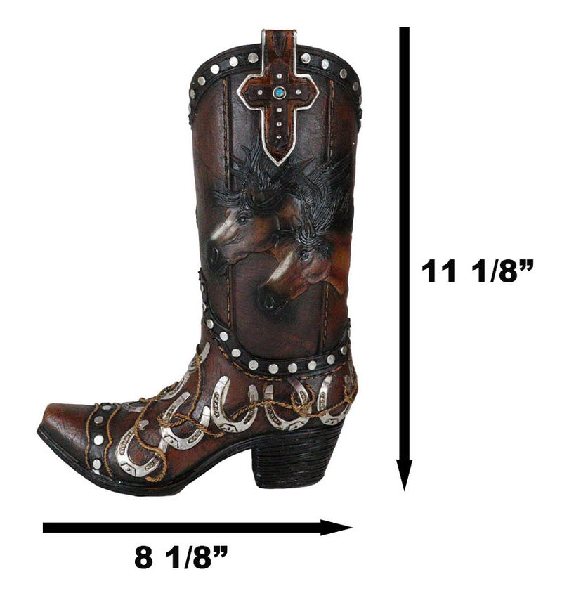 Rustic Western Running Horses Horseshoes And Cross Cowboy Boot Vase Sculpture