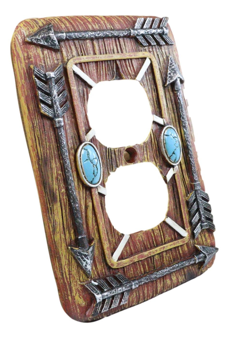 Faux Wood Tribal Indian Turquoise 4 Arrows Double Receptacle Outlets Plates Set