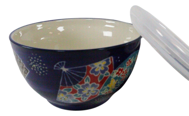 Ebros Pack of 2 Ceramic Blue Oriental Fans Portion Meal Bowls 2 Cups W/ Airtight Lid