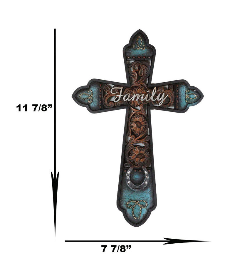 Western Family Tooled Tuscan Fleur De Lis Floral Scrollwork Horseshoe Wall Cross