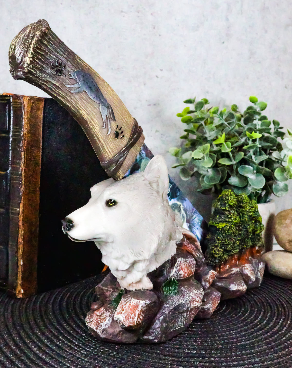 Ebros Gray Wolf In Forest Scene Centerpiece With Hunting Knife Letter Opener Statue