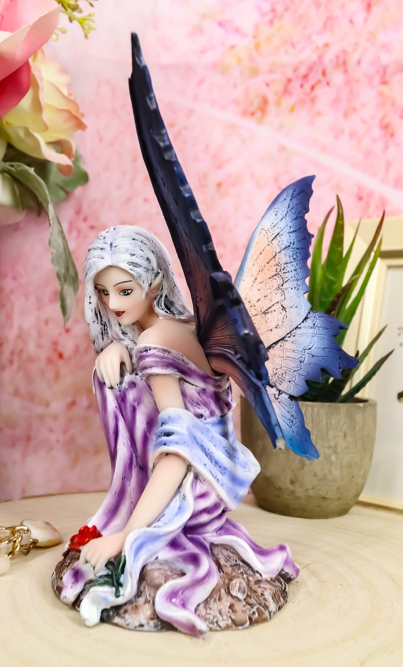 Ebros Silver Haired Winter Fairy Holding Red Rose Figurine Fairy Garden