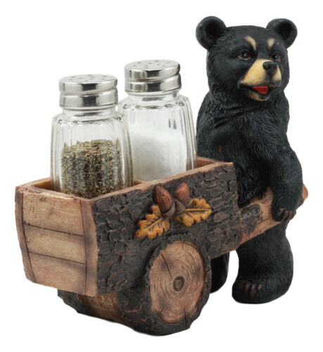 Ebros Black Bear Pushing Vintage Wagon Cart Salt And Pepper Shakers Holder Set