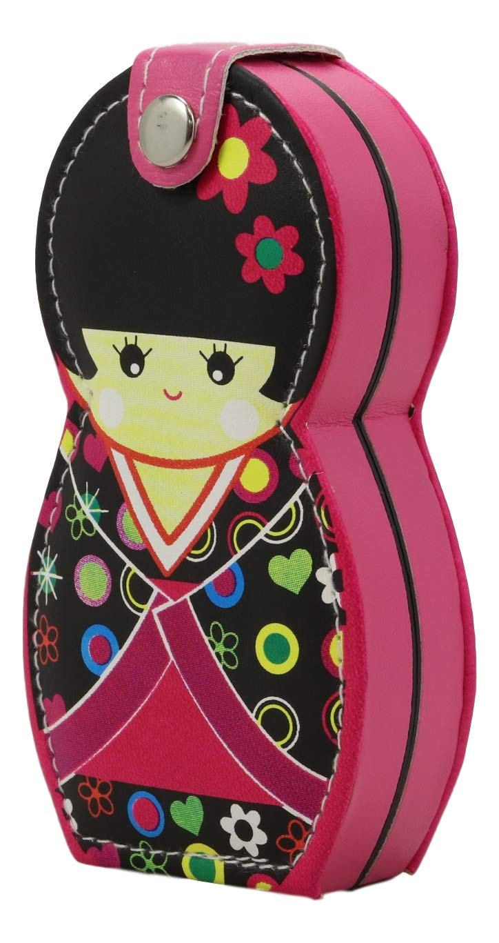 Ebros Gift Traditional Japanese Kokeshi Girl Doll Travel Portable Case Manicure Pedicure Set 6 Piece Stainless Steel Grooming Tools Nail Clippers Scissors Filers Ear Pick Tweezer (Black Kimono)