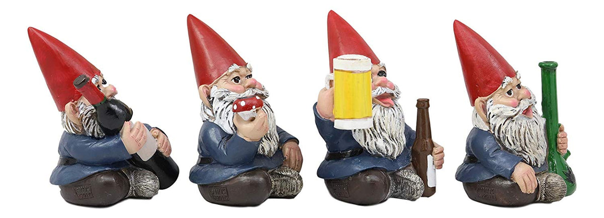 Ebros Happy Times Drunk and High Gnome Figurines Collectible Set of 4 Whimsical Dwarf Gnomes Home Shelf Decors Miniature Statues 3.5" Tall Party Celebration of Wine Beer Weed Bong Magic Mushroom - Ebros Gift