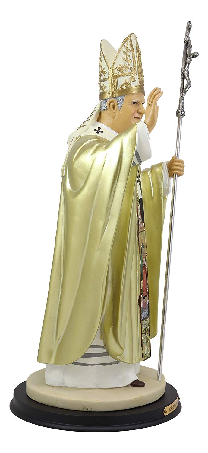 Ebros Large Venerable Pope John Paul II with Papal Ferula Crucifix in Gold Robe Statue 16.75" Tall Vatican Holy Pontiff Saint As Catholic Devout Resin Decor Figurine Brass Name Plate Base