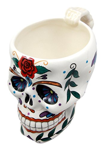 Ebros Gift White Tribal Day of The Dead Red Rose Sugar Skull Drink Coffee Mug Cup Ceramic 6.25"H - Ebros Gift