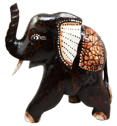 Balinese Wood Handicrafts Jungle Elephant With Eggskin Shells Figurine 10"H