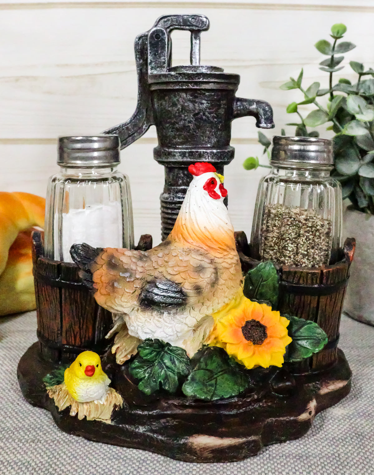 Farm Irrigation Well Pump Chicken Hen Salt Pepper Shakers Holder Figurine Set - Ebros Gift