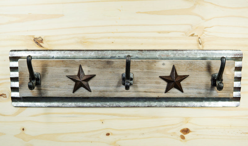 Rustic Western Lone Stars On Barn Wood Galvanized Metal 3-Peg Wall Hooks Plaque