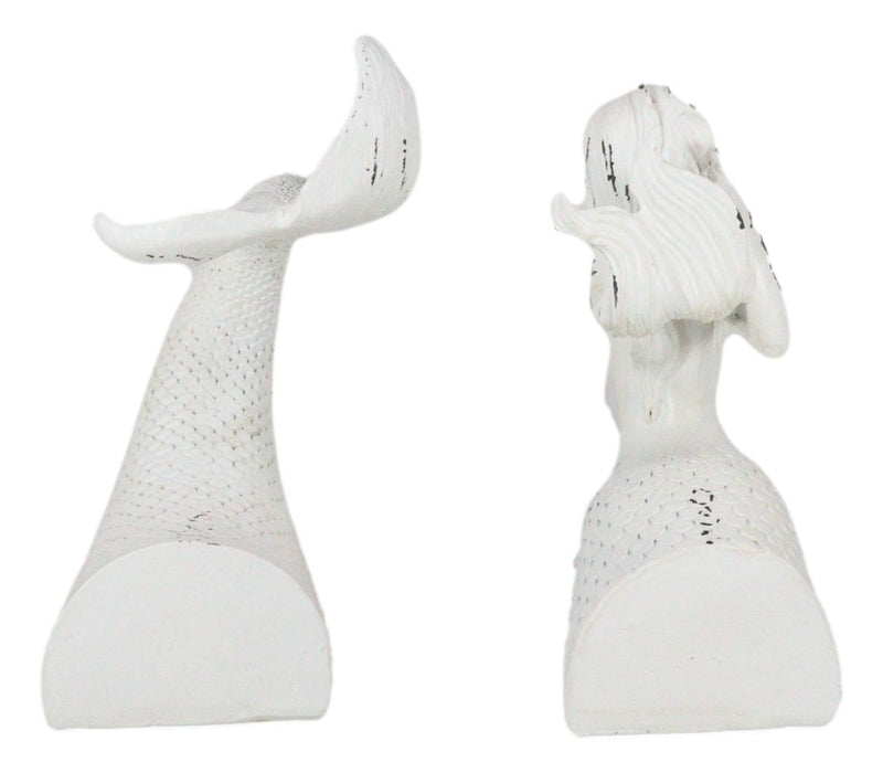 Rustic White Stone Finish Ocean Siren Mermaid Body & Tail Bookends Figurine Set