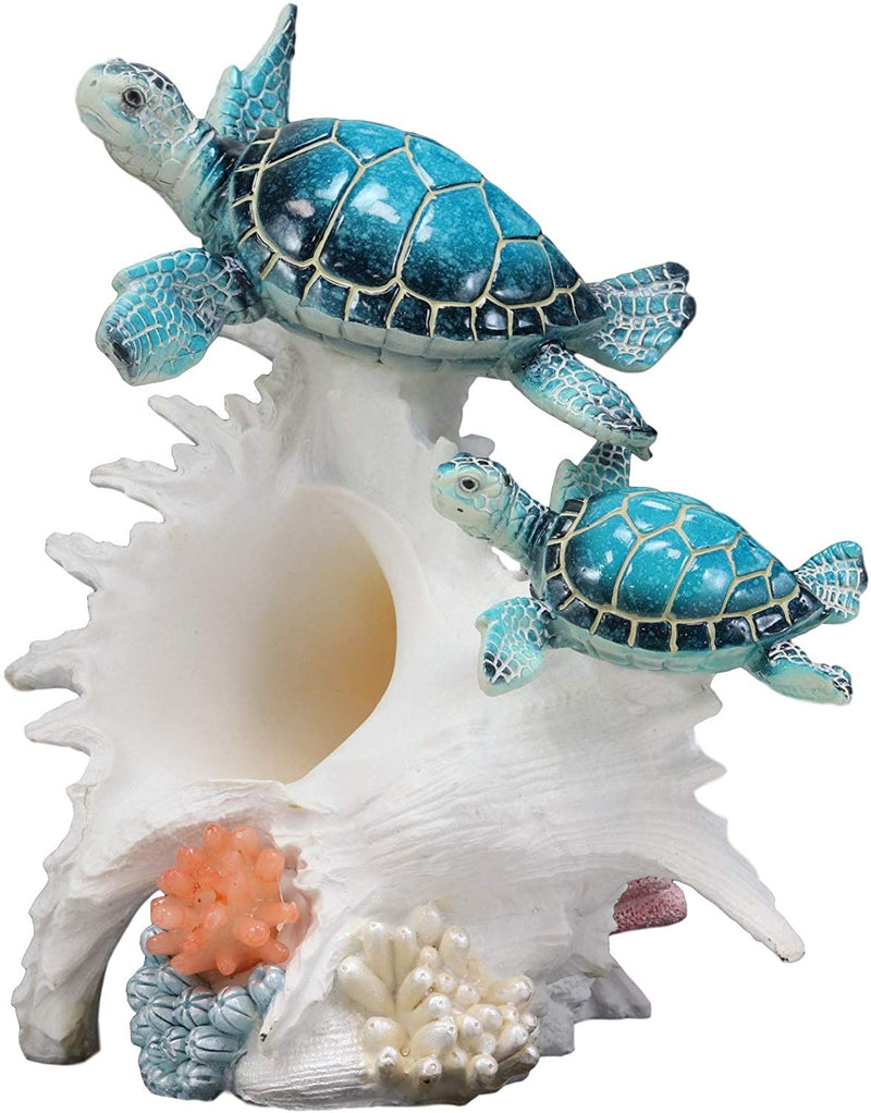 Colorful Nautical Sea Turtle Family Swimming By Big Conch With LED Light Statue