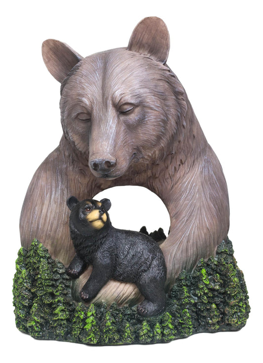 Rustic Forest Black Mama Bear Embracing Cub By Pine Trees Faux Wood Figurine - Ebros Gift
