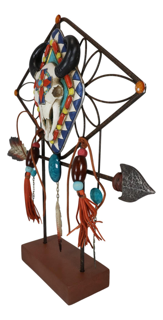 Southwestern Boho Cow Skull Arrow Dreamcatcher Feathers Desktop Plaque Figurine - Ebros Gift